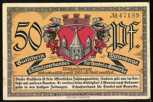 Notgeld Wittenberge, 50 Pf, Neue Bürgerschule und Stadtwappen, Nr. 47189