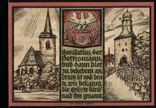 Notgeld Sömmerda 1921, 25 Pfennig, Abbildungen von Kirche, Stadttor und Soldaten mit Text