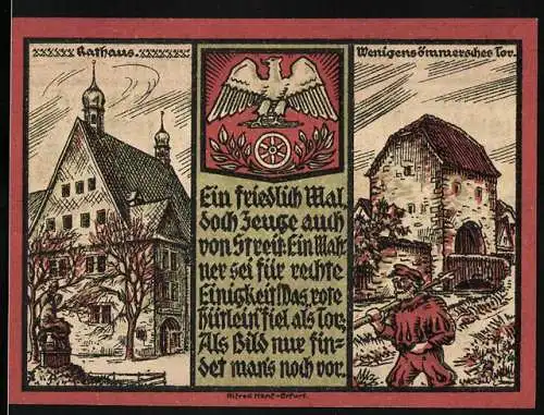 Notgeld Sömmerda 1921, 50 Pfennig, Rathaus und Wenigensömmesches Tor