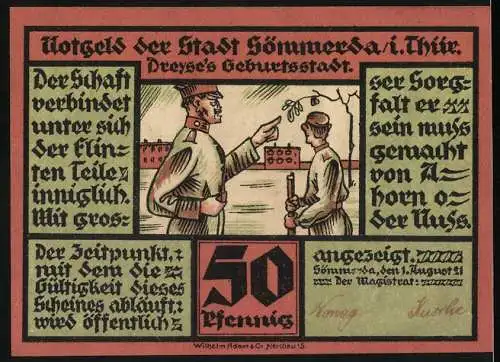 Notgeld Sömmerda 1921, 50 Pfennig, Rathaus und Wenigensömmesches Tor