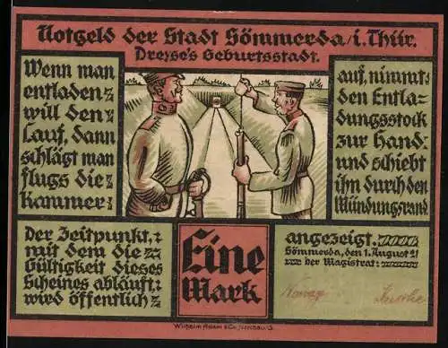 Notgeld Sömmerda 1921, Eine Mark, Soldaten und Fabrik auf der Vorder- und Rückseite