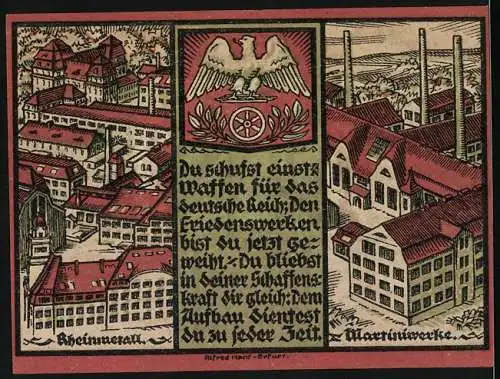 Notgeld Sömmerda 1921, Eine Mark, Soldaten und Fabrik auf der Vorder- und Rückseite