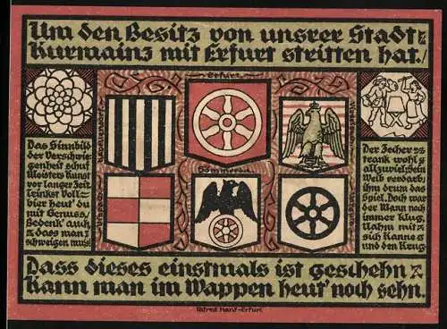 Notgeld Sömmerda, 1921, 50 Pfennig, Stadtwappen und Soldaten mit Gewehren, Dreyse`s Geburtshaus