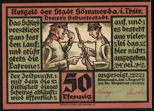 Notgeld Sömmerda, 1921, 50 Pfennig, Stadtwappen und Soldaten mit Gewehren, Dreyse`s Geburtshaus