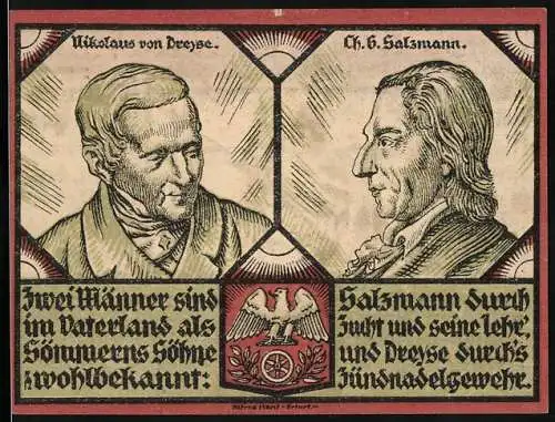 Notgeld Sömmerda 1921, 1 Mark, Porträts von Dreyse und Salzmann, Soldat mit Bajonett und Text