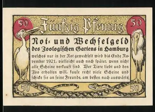 Notgeld Hamburg 1921, 50 Pfennig, Zoologischer Garten mit Störchen und Affe klaut Hut