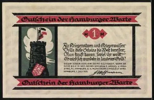 Notgeld Hamburg, 1921, 1 Mark, Kriegsmotiv mit Soldat und Gedenkspruch, Turm mit Flagge und Stadtwappen