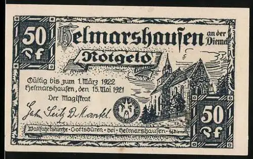 Notgeld Helmarshausen 1921, 50 Pf, Ansicht von Helmarshausen und Text über Wallfahrtskirche