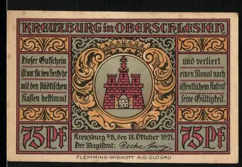 Notgeld Kreuzburg in Oberschlesien 1921, 75 Pf, Stadtwappen und Gustav Freytag, Flemming-Wiskott A.G. Glogau