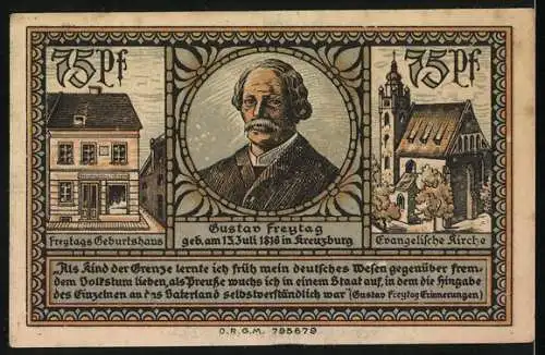 Notgeld Kreuzburg in Oberschlesien 1921, 75 Pf, Stadtwappen und Gustav Freytag, Flemming-Wiskott A.G. Glogau