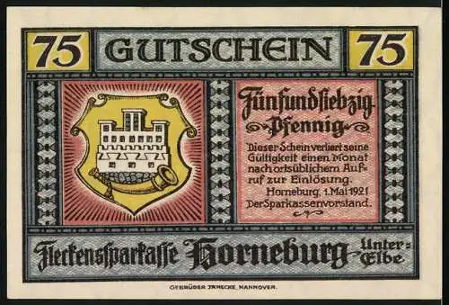 Notgeld Horneburg 1921, 75 Pfennig, Lange Strasse und Wappen der Stadt Horneburg