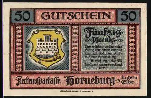 Notgeld Horneburg 1921, 50 Pfennig, Gutschein der Sparkasse mit Wappen und Marschhaus Illustration