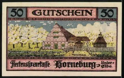 Notgeld Horneburg 1921, 50 Pfennig, Gutschein der Sparkasse mit Wappen und Marschhaus Illustration