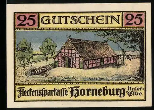 Notgeld Horneburg, 1921, 25 Pfennig, Gutschein der Fleckenssparkasse Horneburg Unter-Elbe mit Geesthaus