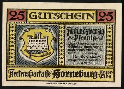 Notgeld Horneburg, 1921, 25 Pfennig, Gutschein der Fleckenssparkasse Horneburg Unter-Elbe mit Geesthaus