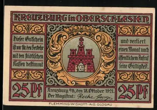 Notgeld Kreuzburg 1921, 25 Pf, Burgwappen und Glockenmotiv