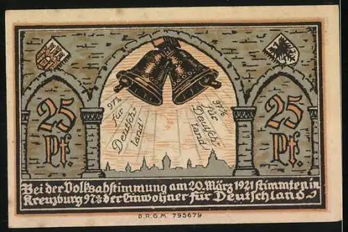 Notgeld Kreuzburg 1921, 25 Pf, Burgwappen und Glockenmotiv