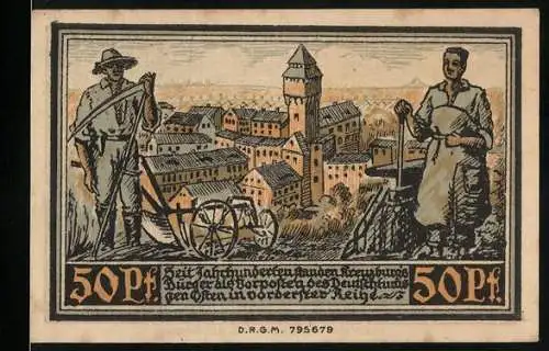 Notgeld Kreuzburg 1921, 50 Pf, landwirtschaftliche Szene und Burgturm mit Wappen