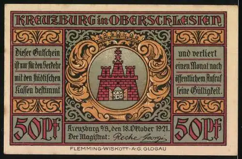 Notgeld Kreuzburg, 1921, 50 Pfennig, Zwei Soldaten und Stadtansicht, Wappen mit Krone und Stadtmauer