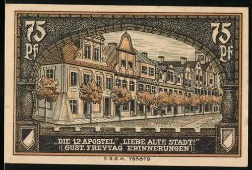 Notgeld Kreuzburg, 1921, 75 Pf, Die 12 Apostel und Liebe alte Stadt Gebäudeansicht und Stadtwappen