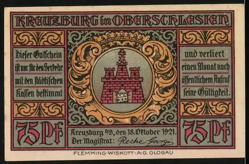 Notgeld Kreuzburg, 1921, 75 Pf, Die 12 Apostel und Liebe alte Stadt Gebäudeansicht und Stadtwappen