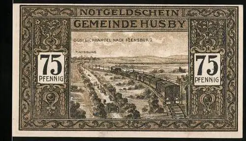 Notgeld Husby, 1921, 75 Pfennig, Motiv mit Zug und ländlicher Szene in Angeln