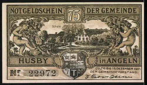 Notgeld Husby, 1921, 75 Pfennig, Motiv mit Zug und ländlicher Szene in Angeln