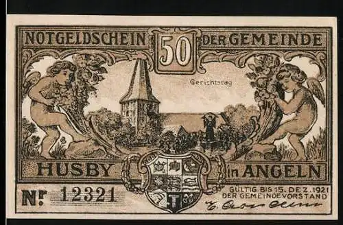 Notgeld Husby in Angeln 1921, 50 Pfennig, Gerichtsgebäude und Dorfszene mit zwei Personen