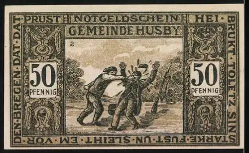 Notgeld Husby in Angeln 1921, 50 Pfennig, Gerichtsgebäude und Dorfszene mit zwei Personen