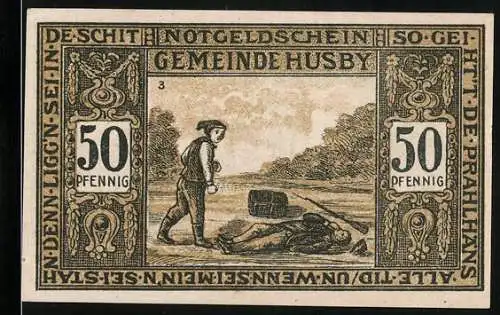 Notgeld Husby, 1921, 50 Pfennig, Ehrenfriedhof und ländliche Szene mit Bauer und Reiserbesen