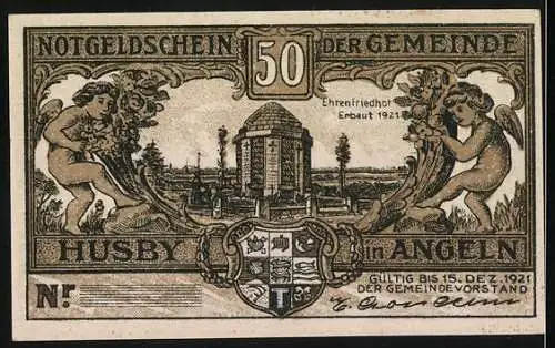 Notgeld Husby, 1921, 50 Pfennig, Ehrenfriedhof und ländliche Szene mit Bauer und Reiserbesen