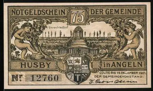 Notgeld Husby 1921, 75 Pfennig, Ehrenfriedhof und Passrevision am Zuge