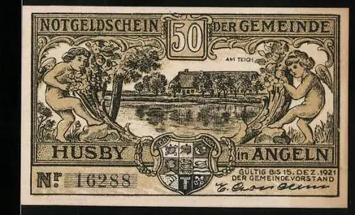 Notgeld Husby in Angeln, 1921, 50 Pfennig, Landschaft und Wappen, zwei Männer in historischer Kleidung