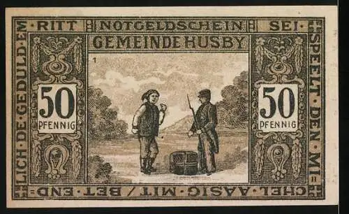 Notgeld Husby in Angeln, 1921, 50 Pfennig, Landschaft und Wappen, zwei Männer in historischer Kleidung