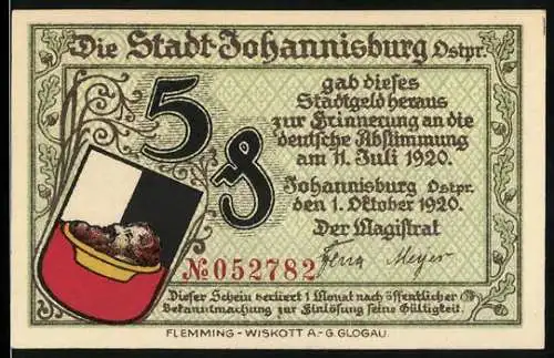 Notgeld Johannisburg 1920, 5 Mark, Stadtgedenkschein mit Stadtwappen und Abbildung des Rathauses