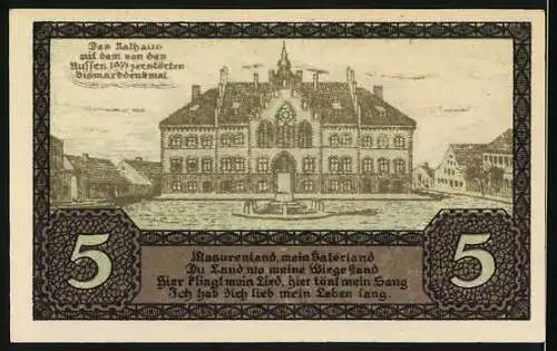 Notgeld Johannisburg 1920, 5 Mark, Stadtgedenkschein mit Stadtwappen und Abbildung des Rathauses