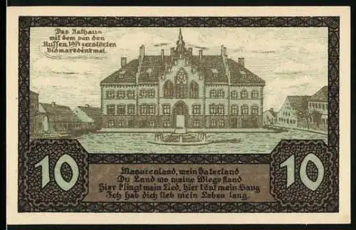 Notgeld Johannisburg 1920, 10 Pfennig, Rathaus und Wappen, zur Erinnerung an die deutsche Abstimmung