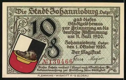 Notgeld Johannisburg 1920, 10 Pfennig, Rathaus und Wappen, zur Erinnerung an die deutsche Abstimmung