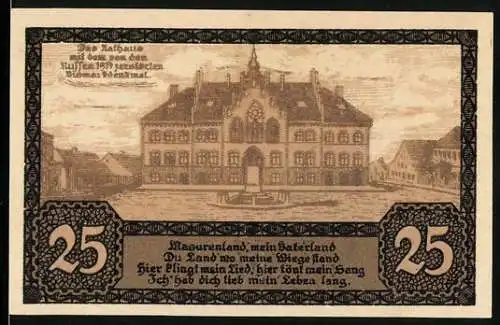 Notgeld Johannisburg 1920, 25 Pfennig, Rathausansicht und Stadtwappen