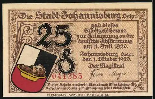 Notgeld Johannisburg 1920, 25 Pfennig, Rathausansicht und Stadtwappen