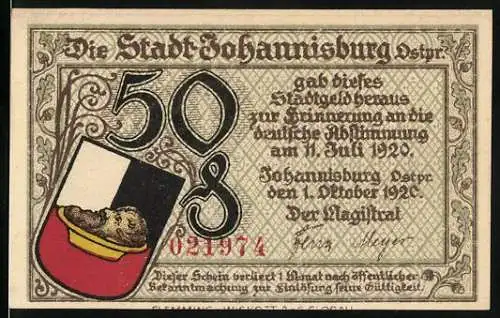 Notgeld Johannisburg 1920, 50 Pfennig, Gedenkschein zur deutschen Abstimmung mit Stadtwappen und Rathaus