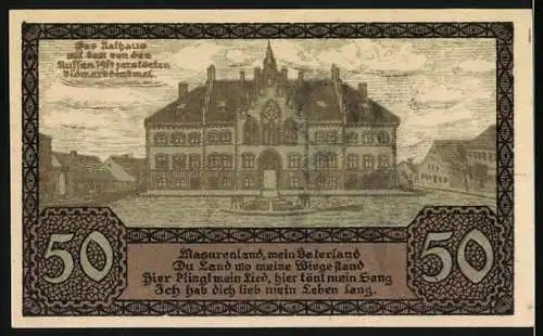 Notgeld Johannisburg 1920, 50 Pfennig, Gedenkschein zur deutschen Abstimmung mit Stadtwappen und Rathaus