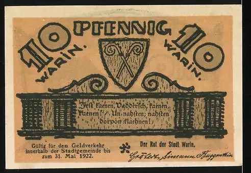 Notgeld Warin, 1922, 10 Pfennig, Gebäude und Wappen der Stadt