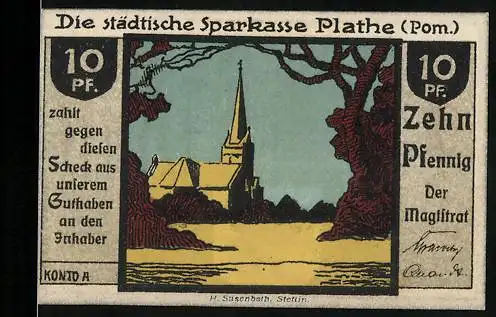 Notgeld Plathe (Pom.), 10 Pfennig, Stadtansicht Kirche und Sprichwörter, 1921