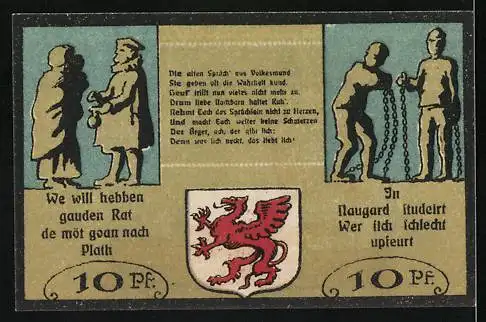 Notgeld Plathe (Pom.), 10 Pfennig, Stadtansicht Kirche und Sprichwörter, 1921