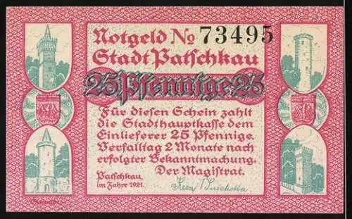 Notgeld Patschkau 1921, 25 Pfennig, Stadtansichten und Vogel, rot und blau, No. 73495