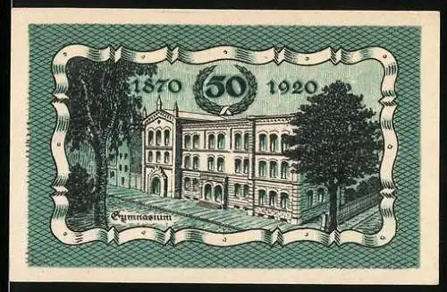 Notgeld Patschkau 1921, 50 Pfennig, Gymnasium und Stadttürme Motive