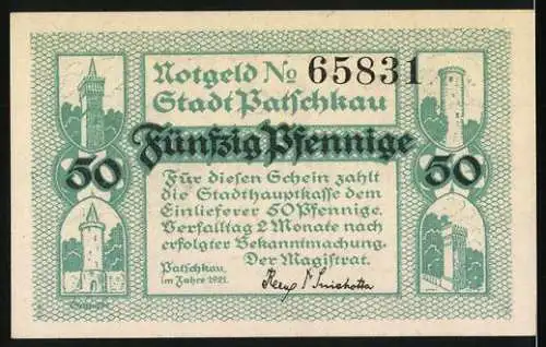 Notgeld Patschkau 1921, 50 Pfennig, Gymnasium und Stadttürme Motive