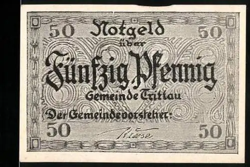 Notgeld Trittau, 50 Pfennig, Gebäudeabbildung mit Inschrift und Wappen, schwarz-weisses Design