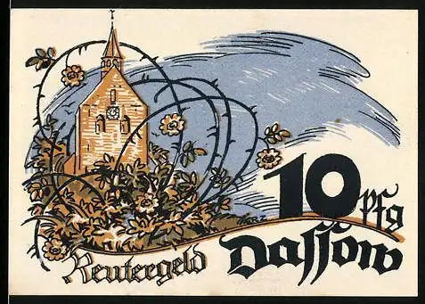 Notgeld Dassow, 1922, 10 Pfennig, Kirche und fliegende Möwen